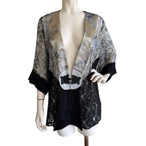 VIOLET KAY Kimono Plus 1X Jacket Black Lace Beaded Embroidered Silk Blend Top